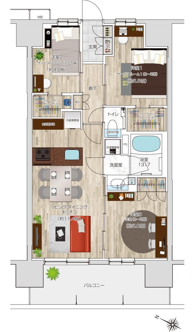 プレシス小田急相模原ステーションサイトの間取り図　D（6～14F）：3LDK+2WIC