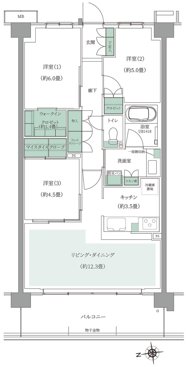 ルネ花小金井ザ・レジデンスの間取り図　C：3LDK+MC+WIC
