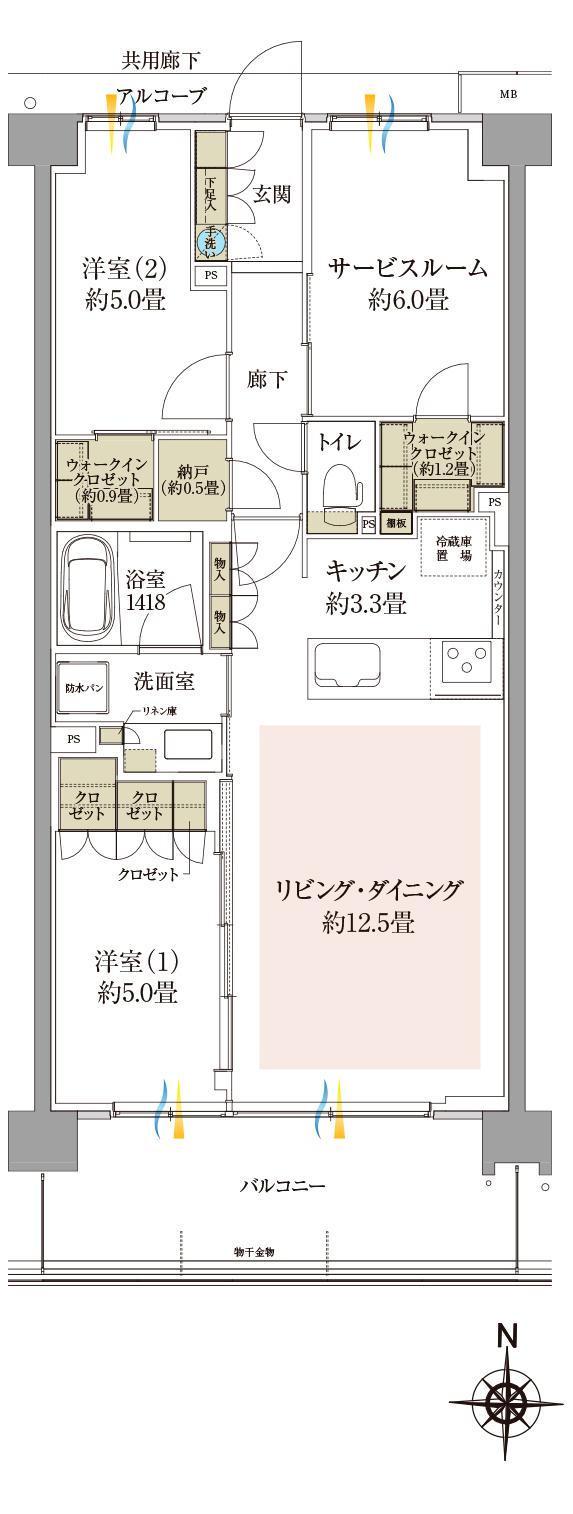 プレイズ大宮日進町の間取り図　P：2LDK+S+2WIC+N