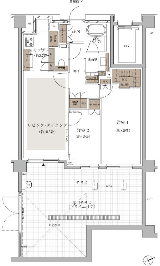 ザ・パークハウス 吉祥寺プレイスの間取り図　A1t：2LDK+WIC