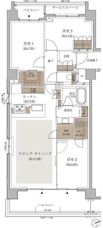 ザ・パークハウス 吉祥寺プレイスの間取り図　E：3LDK+2WIC+収納