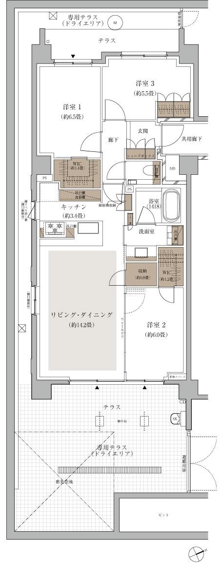 ザ・パークハウス 吉祥寺プレイスの間取り図　Et：3LDK+2WIC+収納