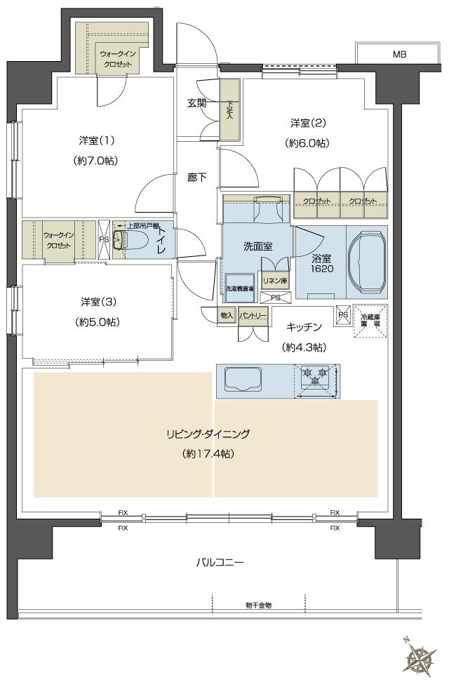 レーベン鶴瀬駅前 SOLEIZ／ACCEZの間取り図　B棟-A：3LDK+2WIC