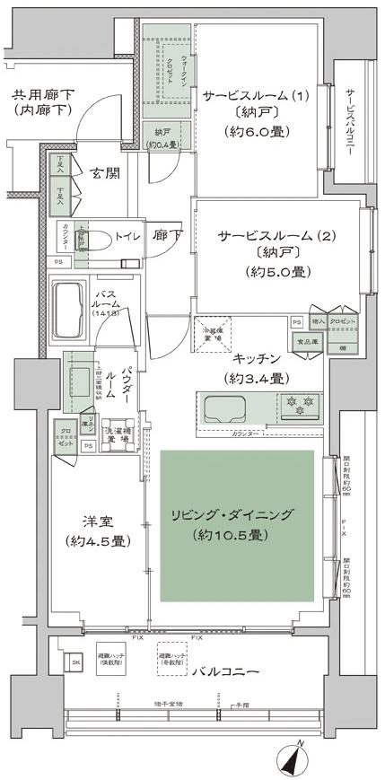 シティハウス横浜の間取り図　E3：1LDK+2S(サービスルーム[納戸])+N(納戸)+WIC(ウォークインクロゼット)