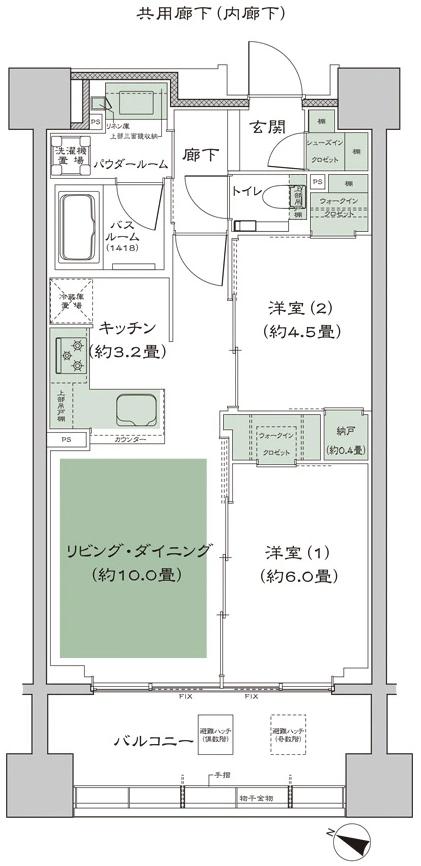 シティハウス横浜の間取り図　C：2LDK+N(納戸)+2WIC(ウォークインクロゼット)+SIC(シューズインクロゼット)