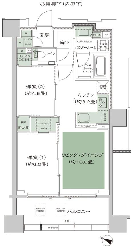 シティハウス横浜の間取り図　D：2LDK+N(納戸)+2WIC(ウォークインクロゼット)+SIC(シューズインクロゼット)