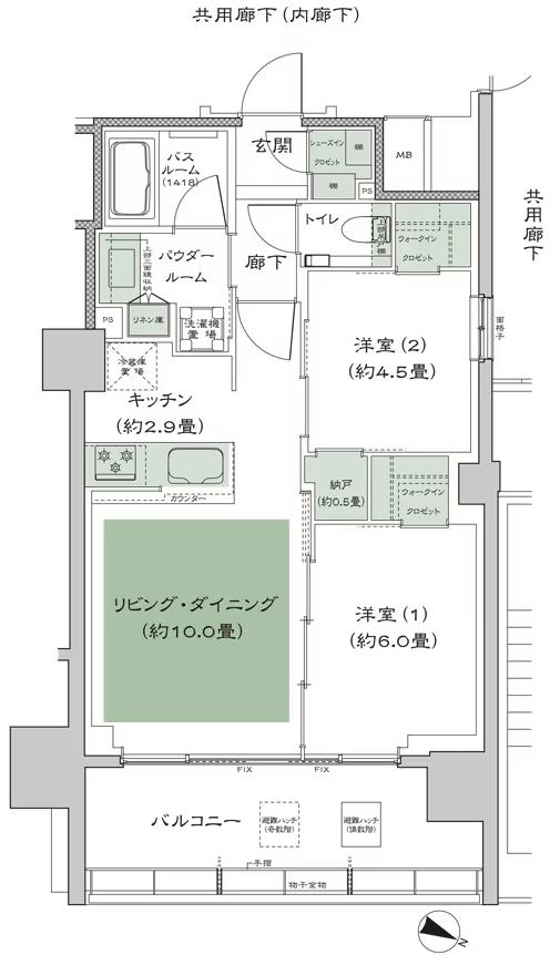 シティハウス横浜の間取り図　J：2LDK+N(納戸)+2WIC(ウォークインクロゼット)+SIC(シューズインクロゼット)