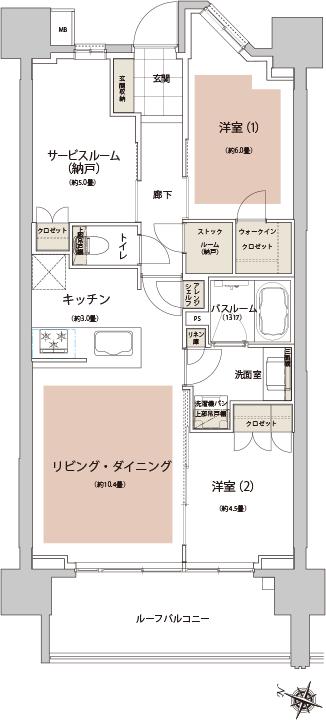 ライオンズ南千住グランプレイスの間取り図　B1：2LDK+S+WIC+SR