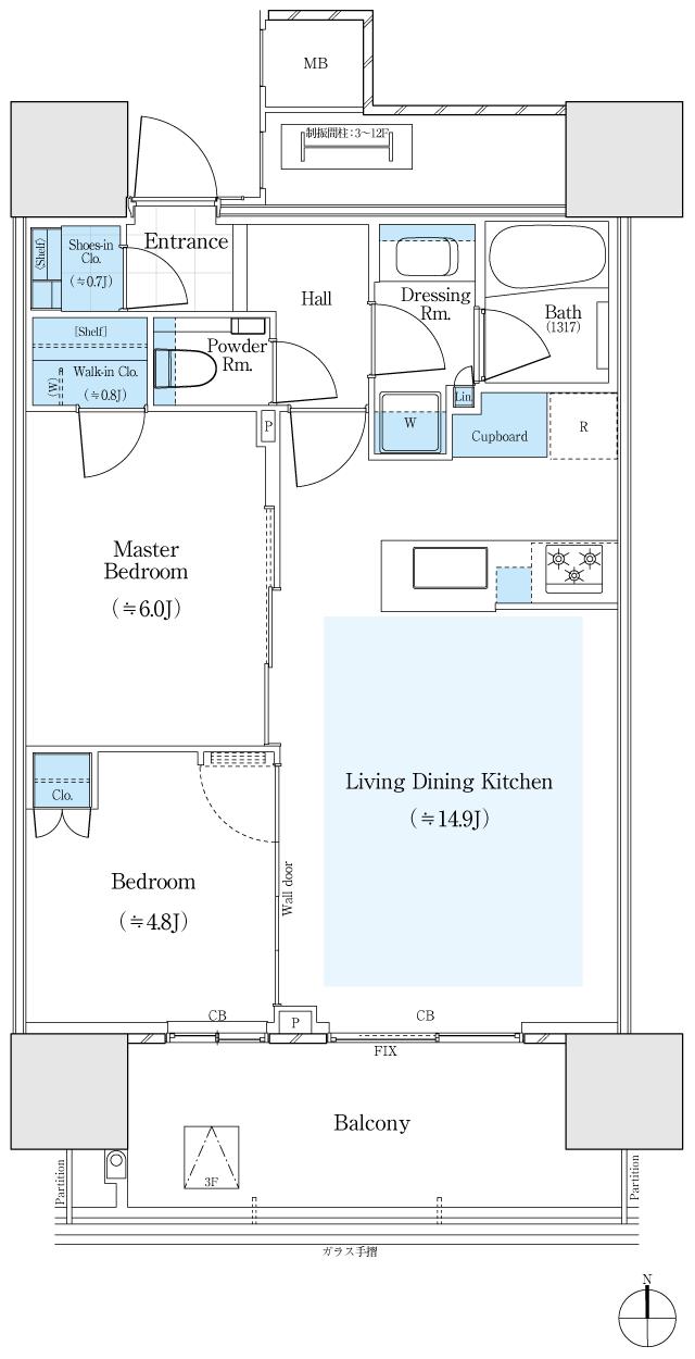 パークタワー川口本町の間取り図　55As：2LDK+WIC+SIC