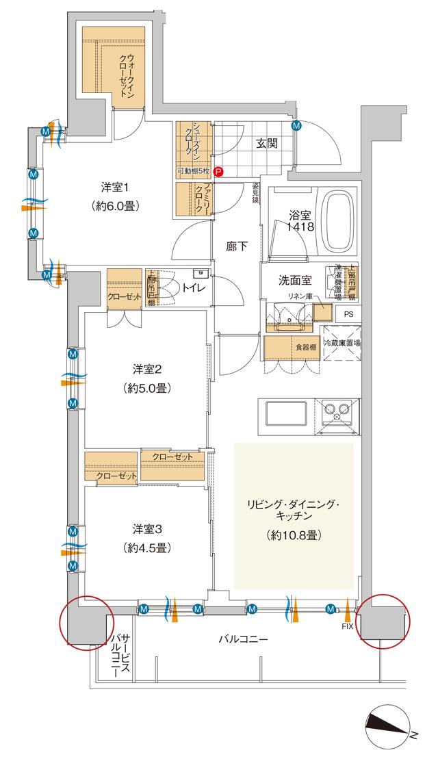 ミオカステーロ新杉田フロンティアの間取り図　B：3LDK+WIC+ FC+SIC