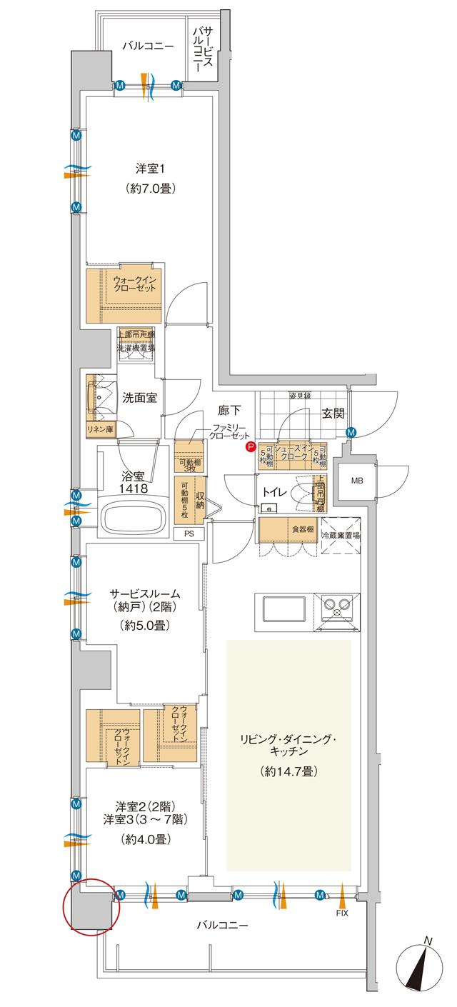 ミオカステーロ新杉田フロンティアの間取り図　A(2F)：2LDK+S+3WIC+FC+SIC