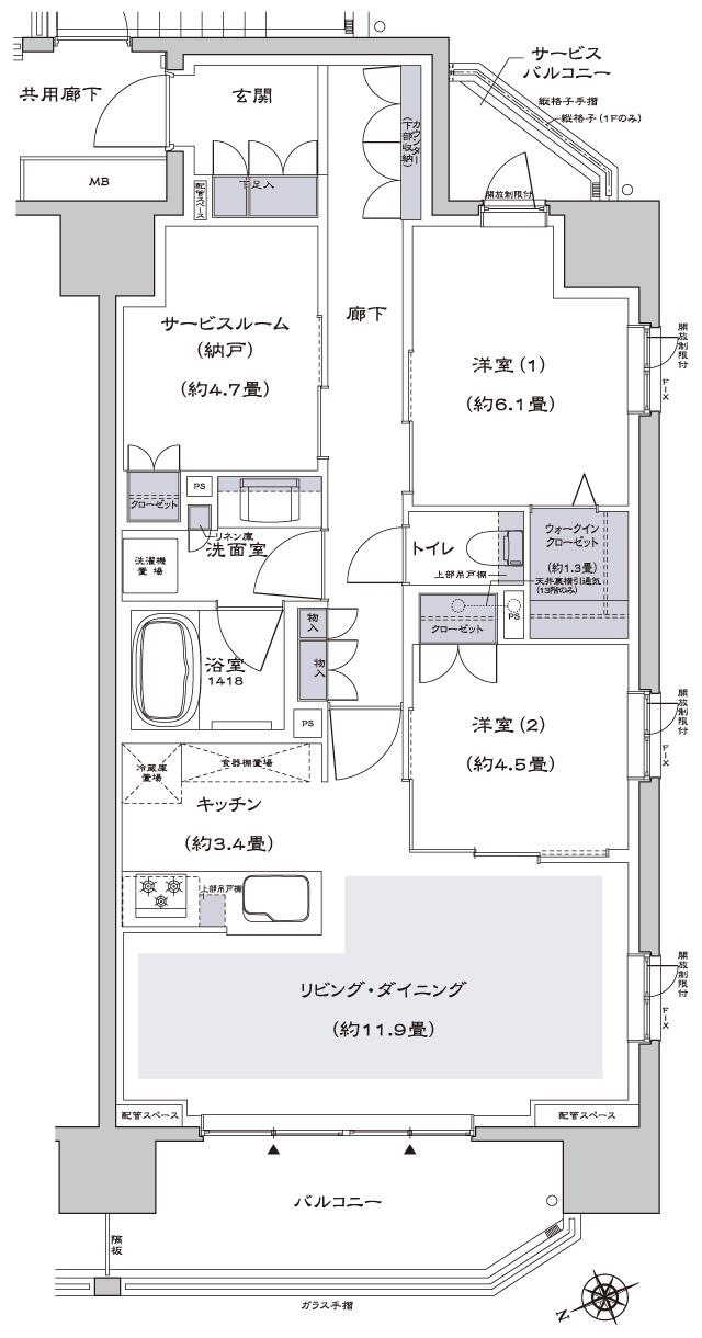 グレーシア海老名かしわ台の間取り図　F：2LDK+S+WIC