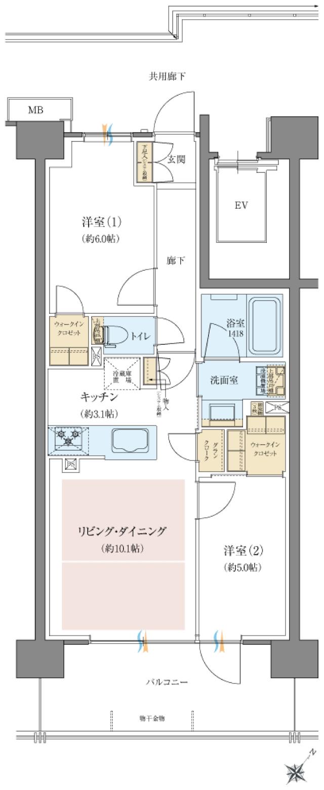 レーベン宇都宮 GRANDIAの間取り図　J：2LDK+GC+2WIC