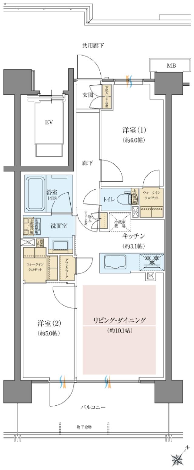 レーベン宇都宮 GRANDIAの間取り図　K：2LDK+GC+2WIC