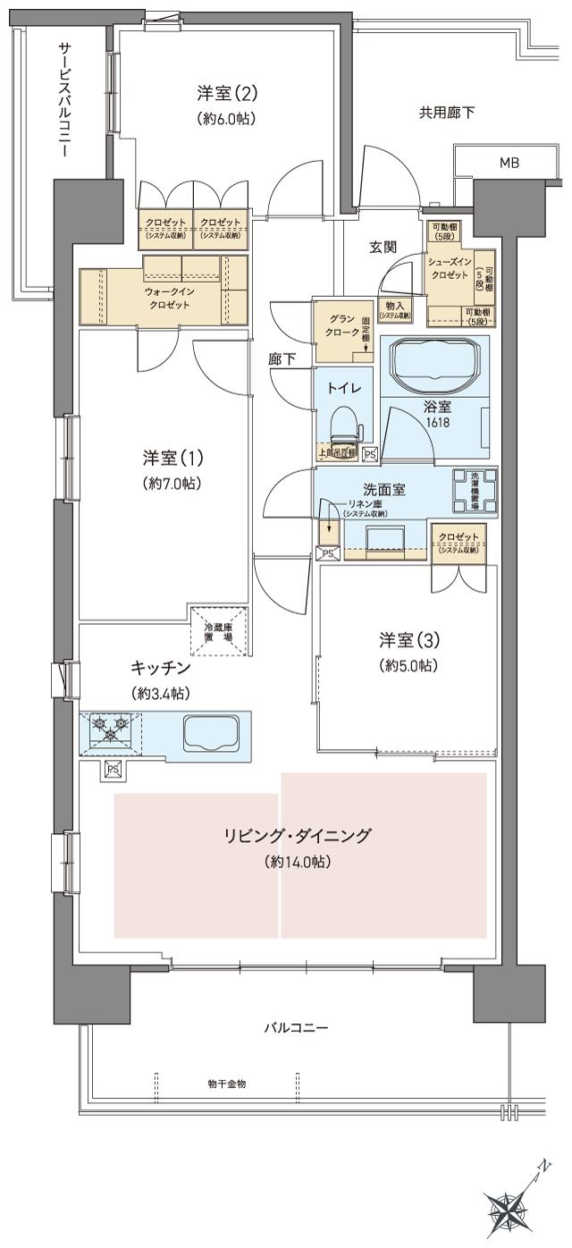 レーベン宇都宮 GRANDIAの間取り図　A：3LDK+GC+WIC+SIC