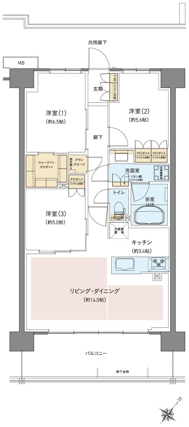 レーベン宇都宮 GRANDIAの間取り図　B：3LDK+GC+WIC