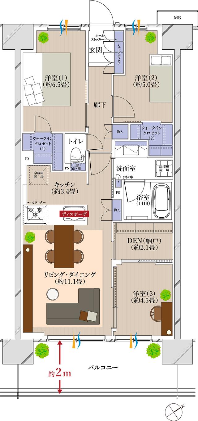 メイツつくばみらい（ツクミラ）の間取り図　E：3LDK+DEN+2WIC