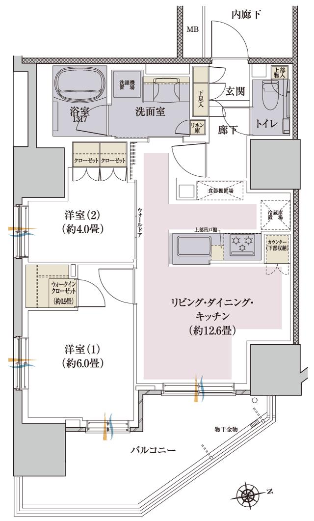 グレーシアタワー南千住の間取り図　A：2LDK+WIC+SIC