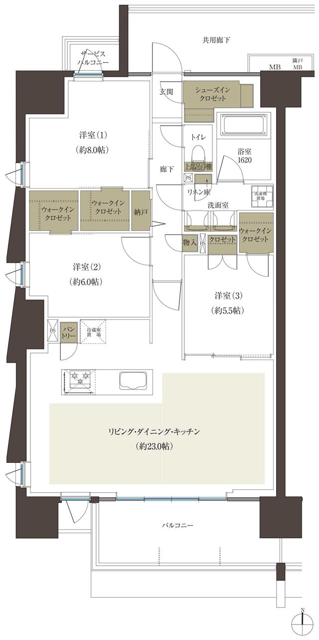 レーベン水戸ONE STATE TOWERの間取り図　E：3LDK+N+3WIC+SIC