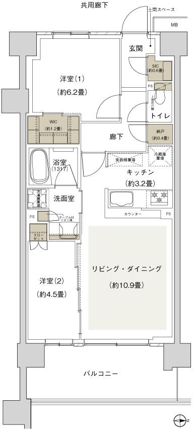 プライムパークス横浜並木 ザ・レジデンスの間取り図　EC-58a-9：2LDK+WIC+SIC+N