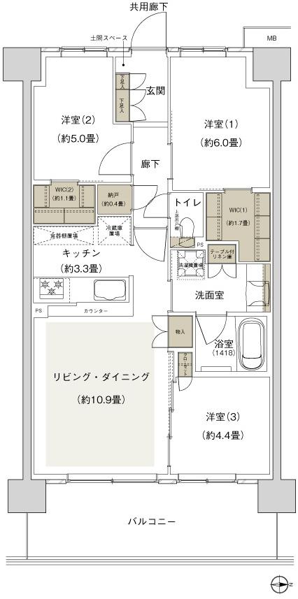 プライムパークス横浜並木 ザ・レジデンスの間取り図　EC-68a-7：3LDK+2WIC+N