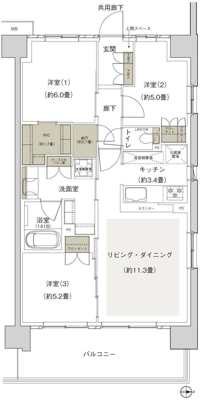 プライムパークス横浜並木 ザ・レジデンスの間取り図　EC-71a-13：3LDK