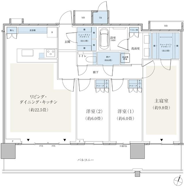 パークシティ小岩 ザ タワーの間取り図　P-102S：3LDK+N+WIC+SIC+TR