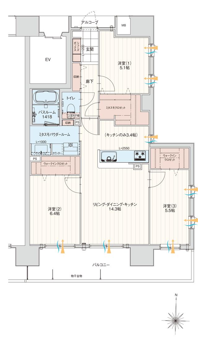 アルファステイツ高崎神社前の間取り図　F：3LDK＋ミタスモパウダールーム +ミタスモクロゼット