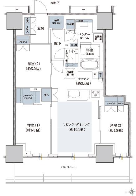 ザ・ファインタワー八王子の間取り図　72I1：3LDK+WIC+N