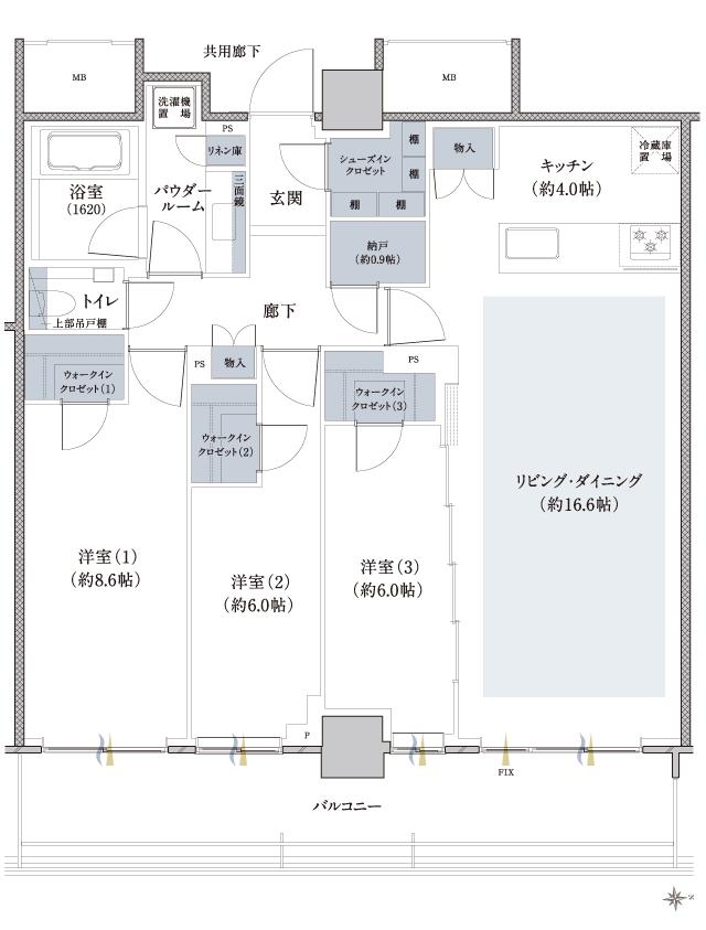 ザ・ファインタワー八王子の間取り図　95O2：3LDK+3WIC+SIC+N