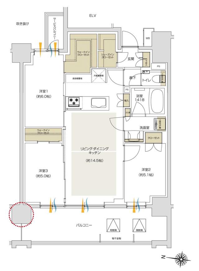 プレシス追浜駅前の間取り図　G：3LDK+2WIC+SIC