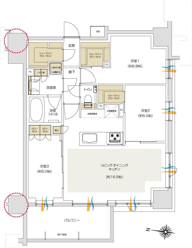 プレシス追浜駅前の間取り図　F：3LDK+2WIC+SIC