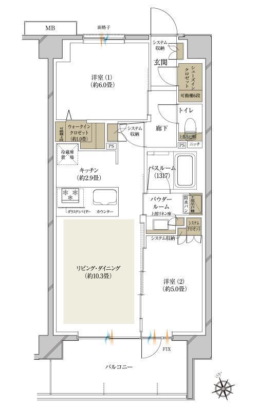 ヴェレーナ日吉の間取り図　B：2LDK+W+SC