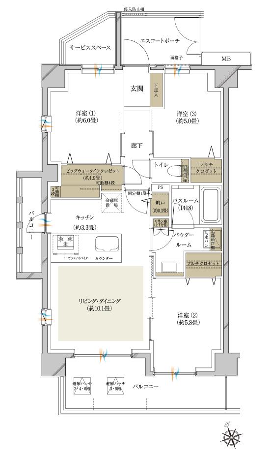 ヴェレーナ日吉の間取り図　A：3LDK+BW+N