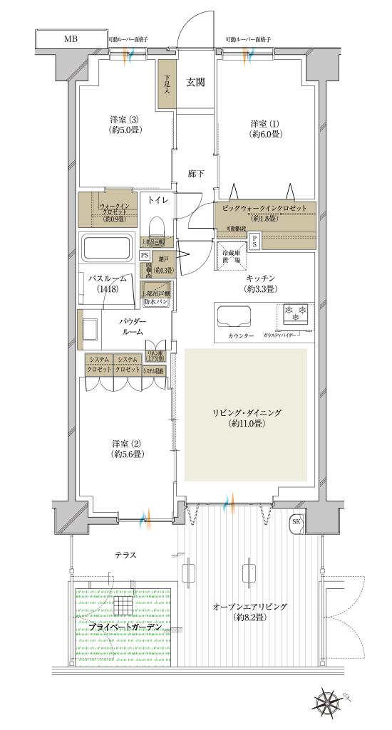 ヴェレーナ日吉の間取り図　FOL：3LDK+OL+T+PG+BW+W+N