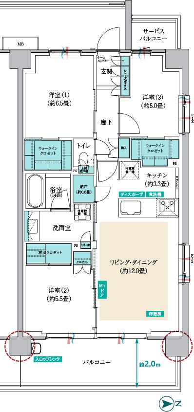 メイツ昭島の間取り図　A-E：3LDK+N+2WIC