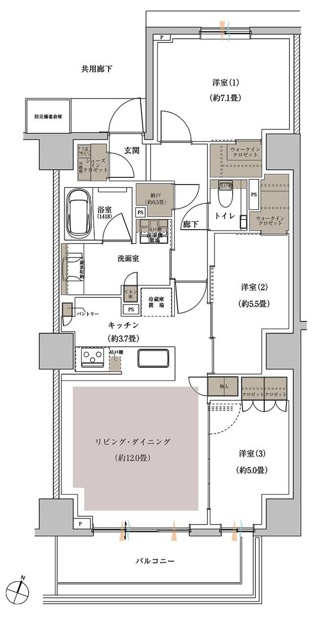 Brillia(ブリリア)方南町の間取り図　70C2：3LDK+2WIC+SIC+N