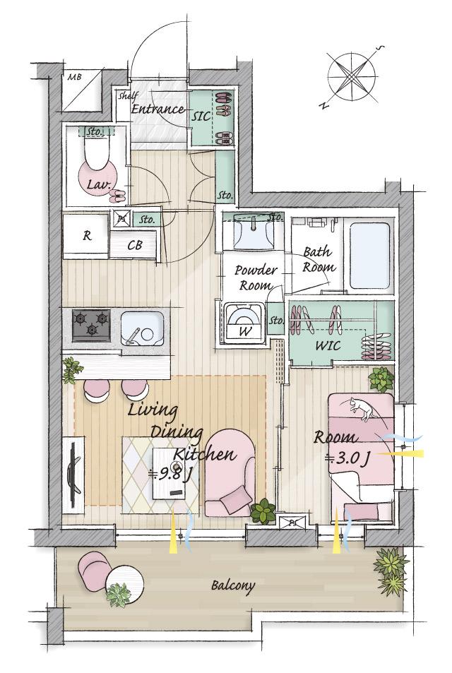グローベル十条 ザ・レジデンスの間取り図　D2：1LDK+WIC+SIC