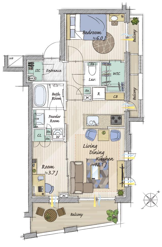 グローベル十条 ザ・レジデンスの間取り図　I：2LDK+WIC+SIC