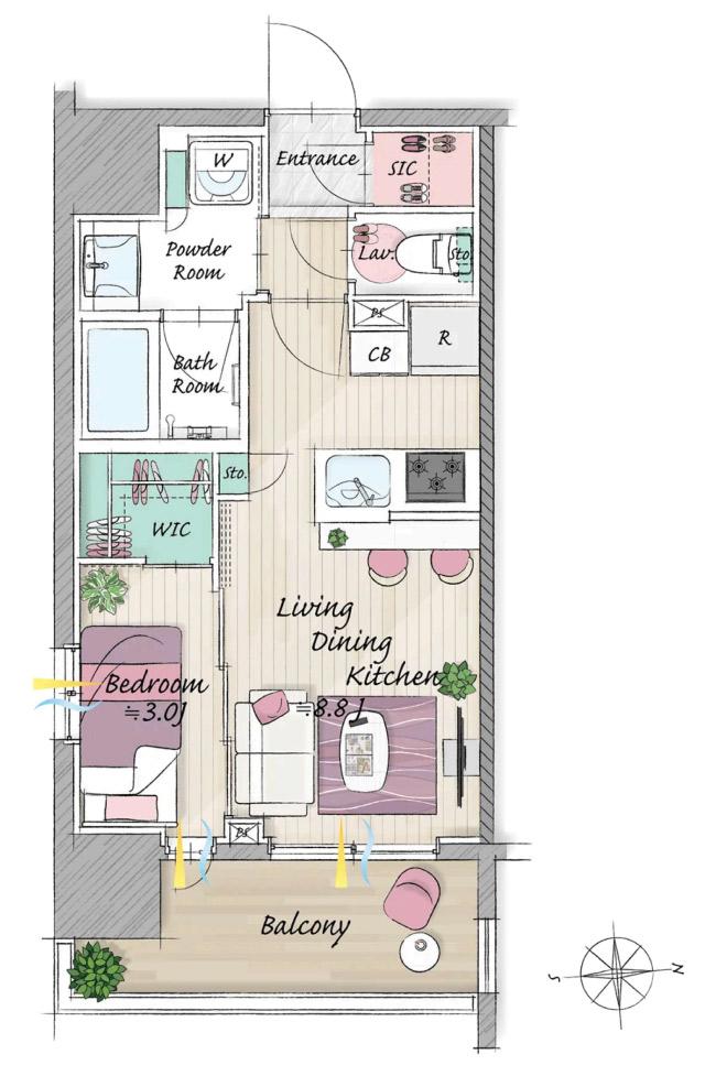 グローベル草加 ザ・プレミアの間取り図　B：1LDK+ウォークインクローゼット+シューズインクローク