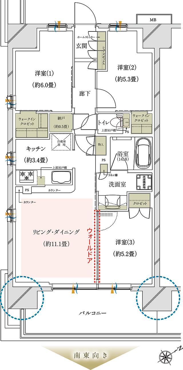 メイツ相模原の間取り図　A：3LDK+N+2WIC