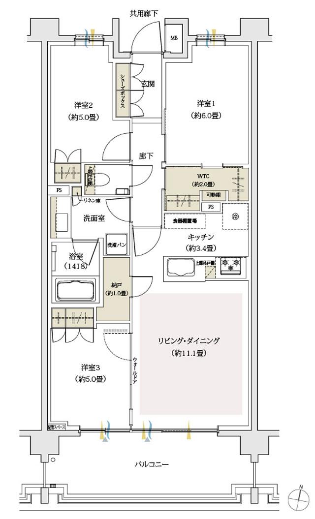 プレディア横浜高島台の間取り図　C1：3LDK+WTC+N