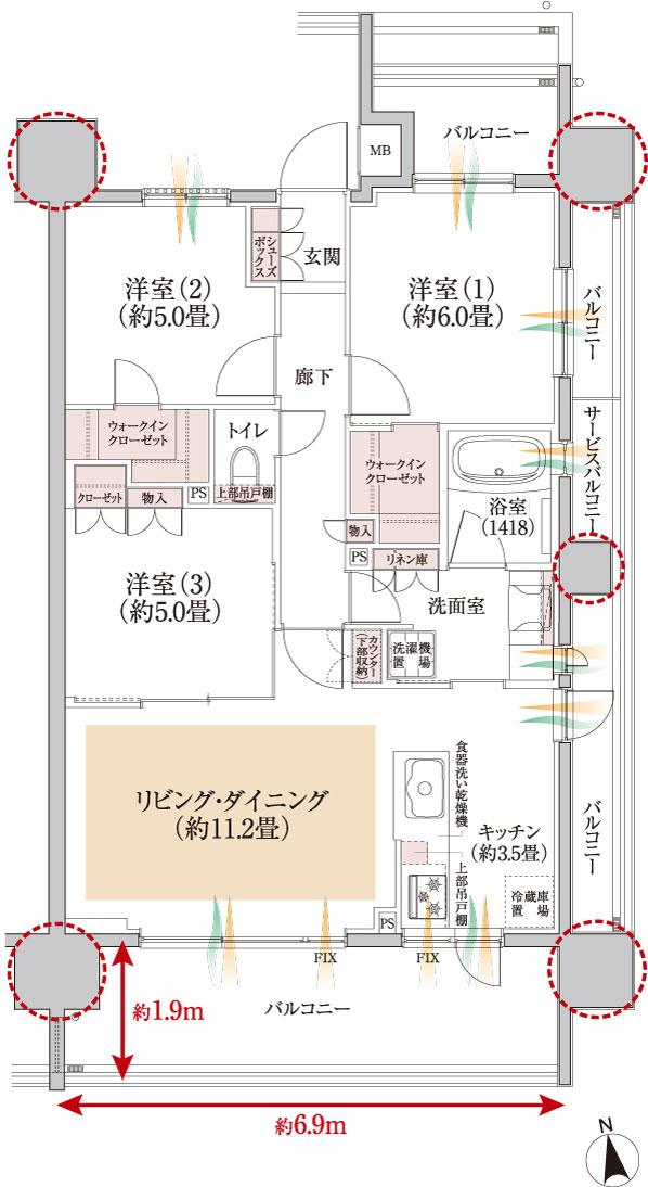 川口7scenesプロジェクトの間取り図　D：3LDK+2WIC