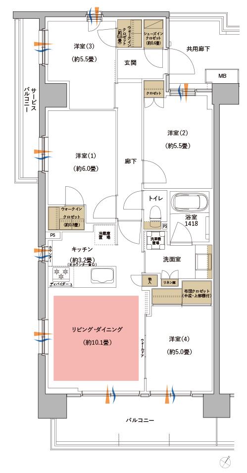 サンリヤン横浜二俣川の間取り図　B1：4LDK+2WIC+SIC