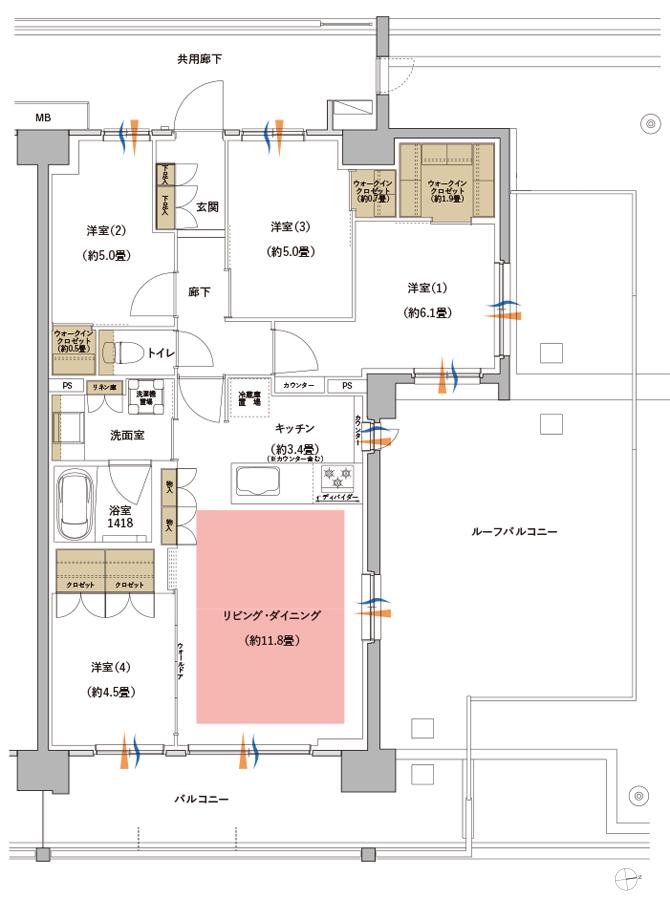 サンリヤン横浜二俣川の間取り図　C3r：4LDK+3WIC