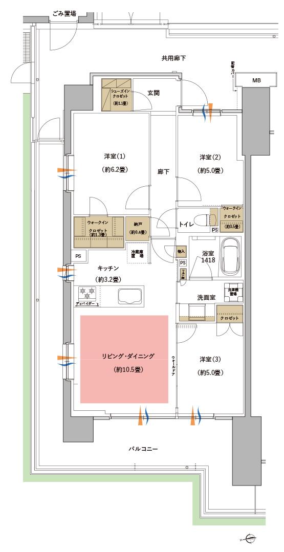 サンリヤン横浜二俣川の間取り図　A1a：3LDK+N+2WIC+SIC