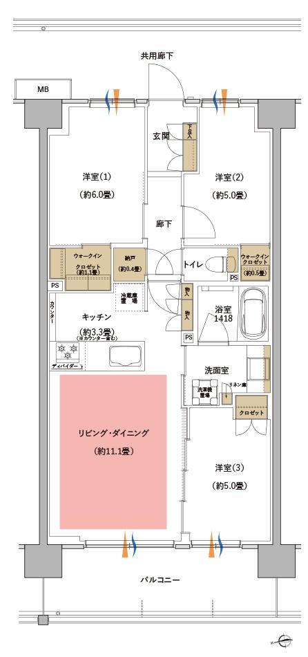 サンリヤン横浜二俣川の間取り図　A4：3LDK+N+2WIC