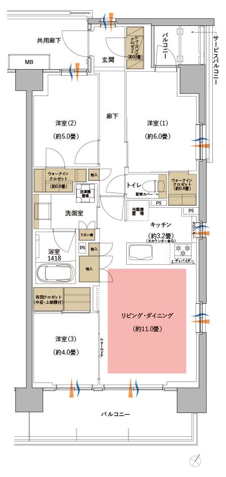 サンリヤン横浜二俣川の間取り図　B11b：3LDK+2WIC+SIC