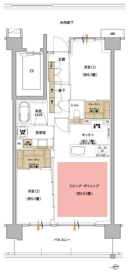 サンリヤン横浜二俣川の間取り図　A3：2LDK+2WIC