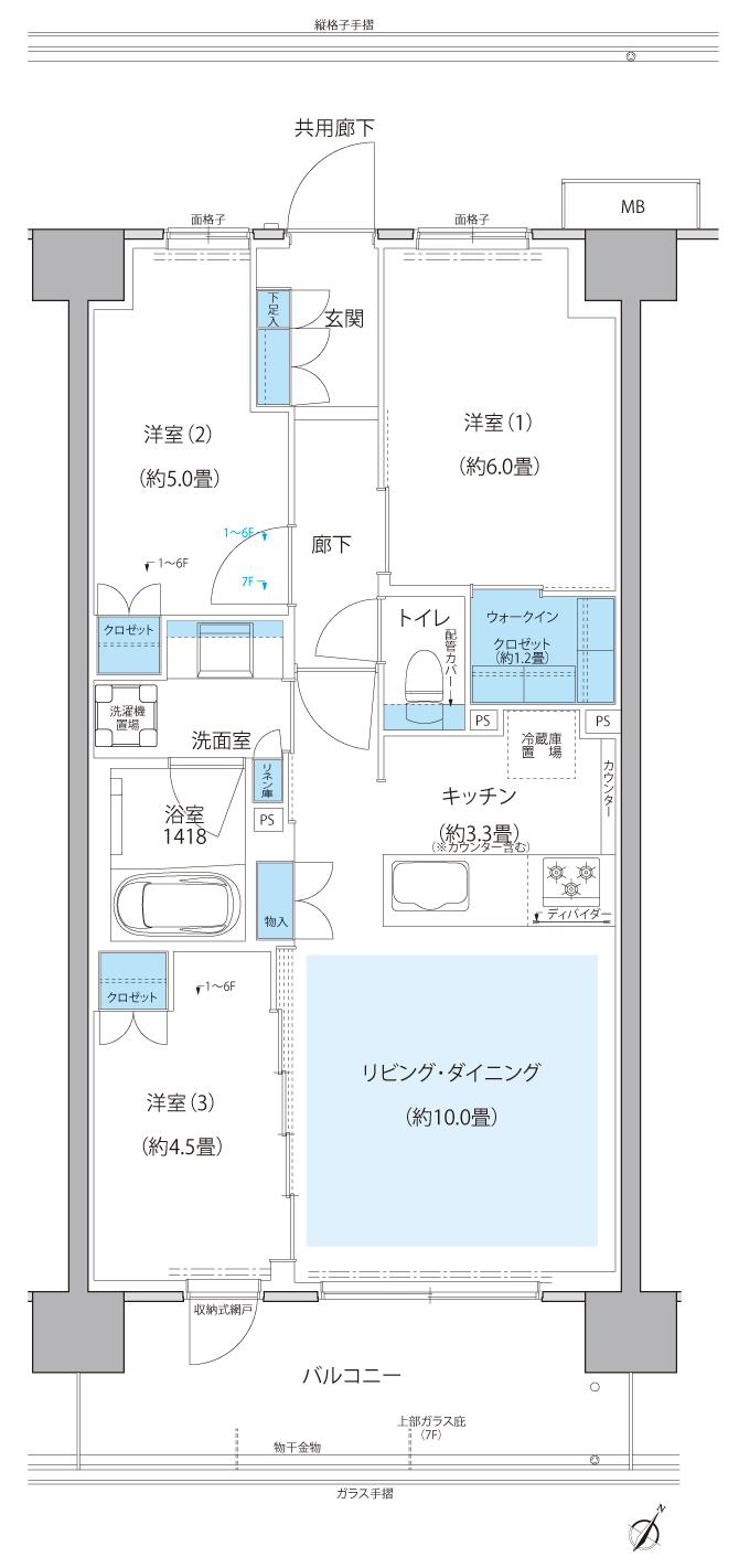 サンリヤン横浜二俣川の間取り図　B6：3LDK+WIC